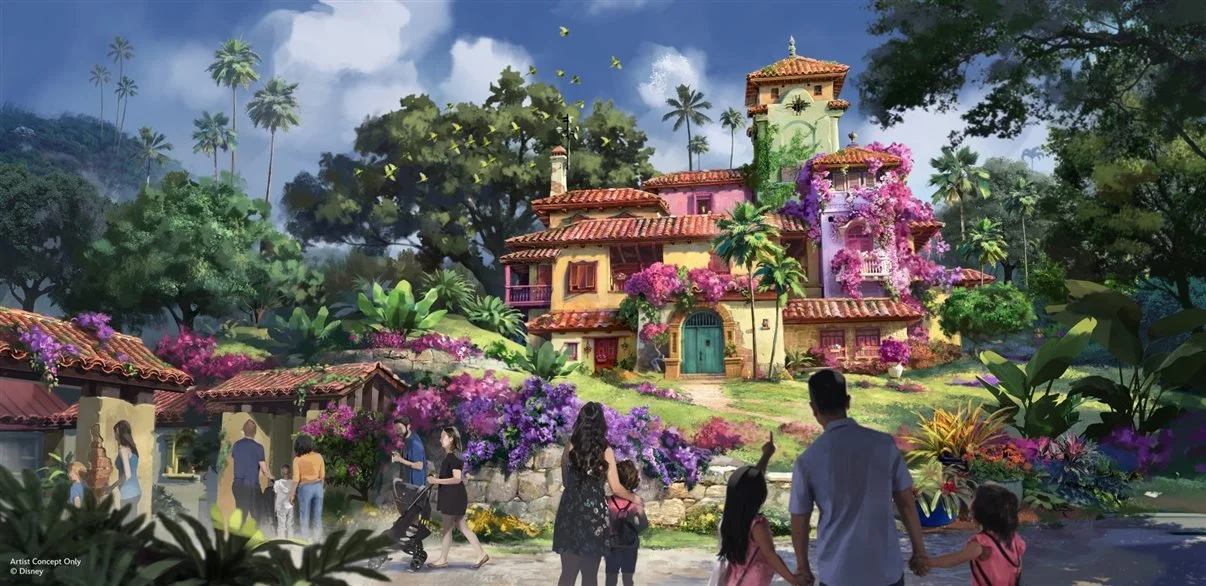 desenho com uma casa colonial espanhola ao fundo, e pessoas a frente