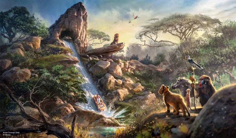 Desenho com uma pedra e uma cachoeira ao fundo com elos e animais em volta