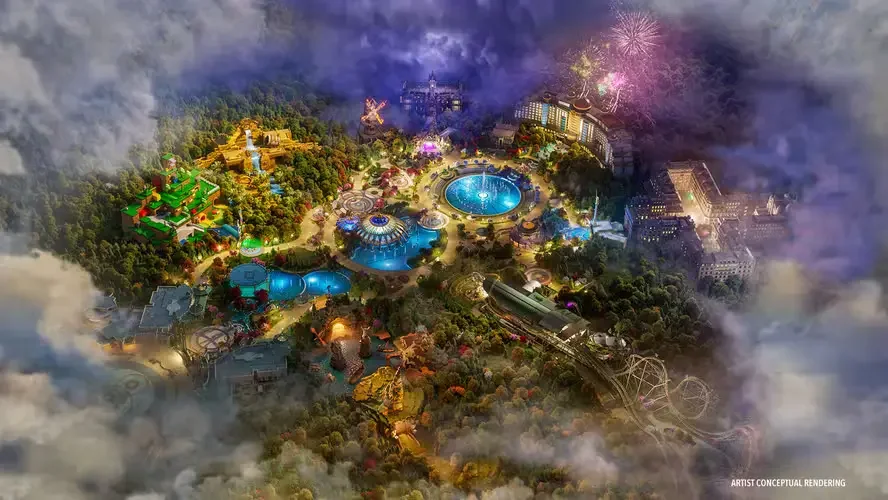 Arte mostra uma vista aérea do Epic Universe